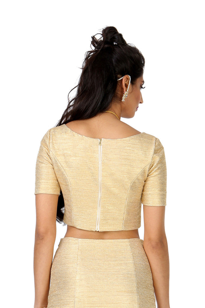 Short Sleeve Samara Stretch Metallic Gold Saree Crop Top | HARLEEN KAUR