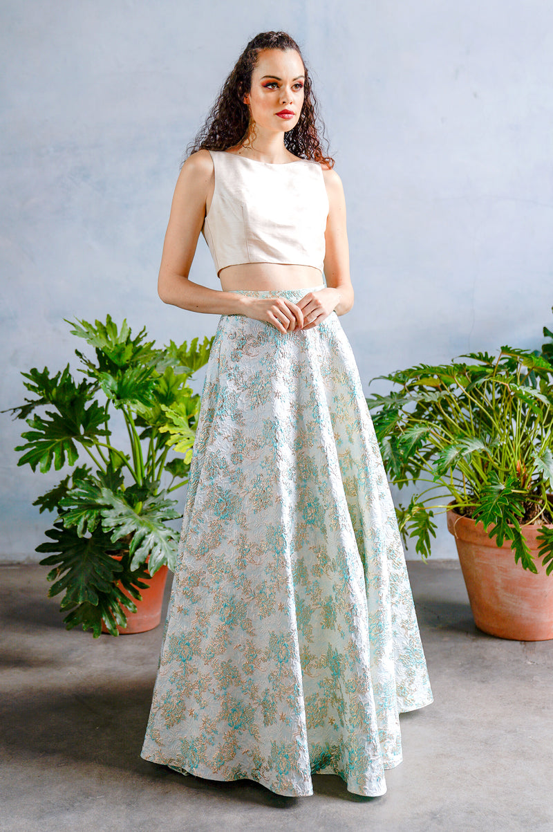 ANEELA Floral Jacquard Skirt with Pastel and Gold Details  - Front View - Harleen Kaur