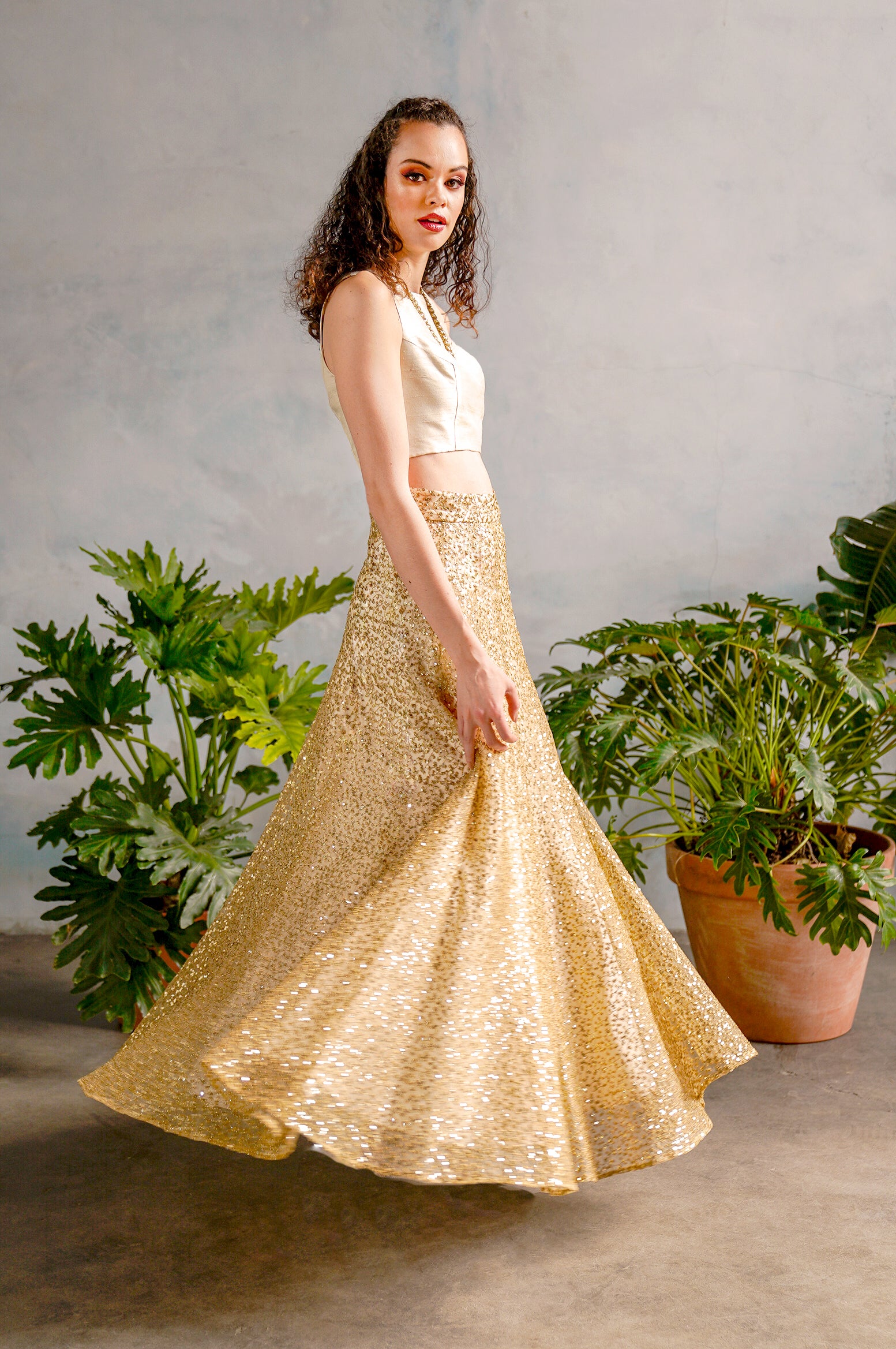 DIVYA Gold Embroidered Lehenga Skirt - Side View - Harleen Kaur - Indian Womenswear