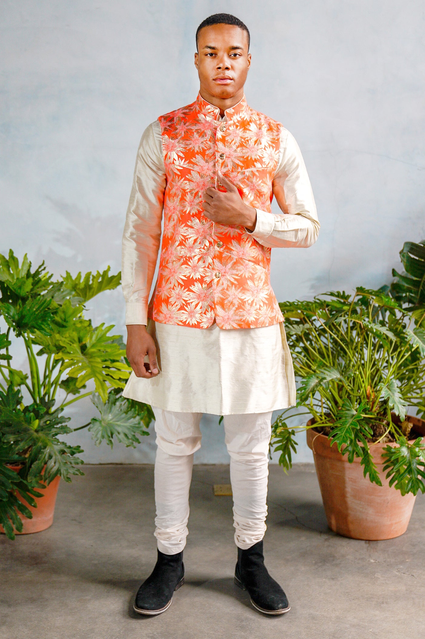 GAVAN Orange and Gold Jacquard Vest | HARLEEN KAUR – HarleenKaur