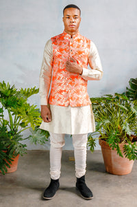 GAVAN Neon Organge Jacquard Vest with Gold Floral Accents - Front View - Harleen Kaur
