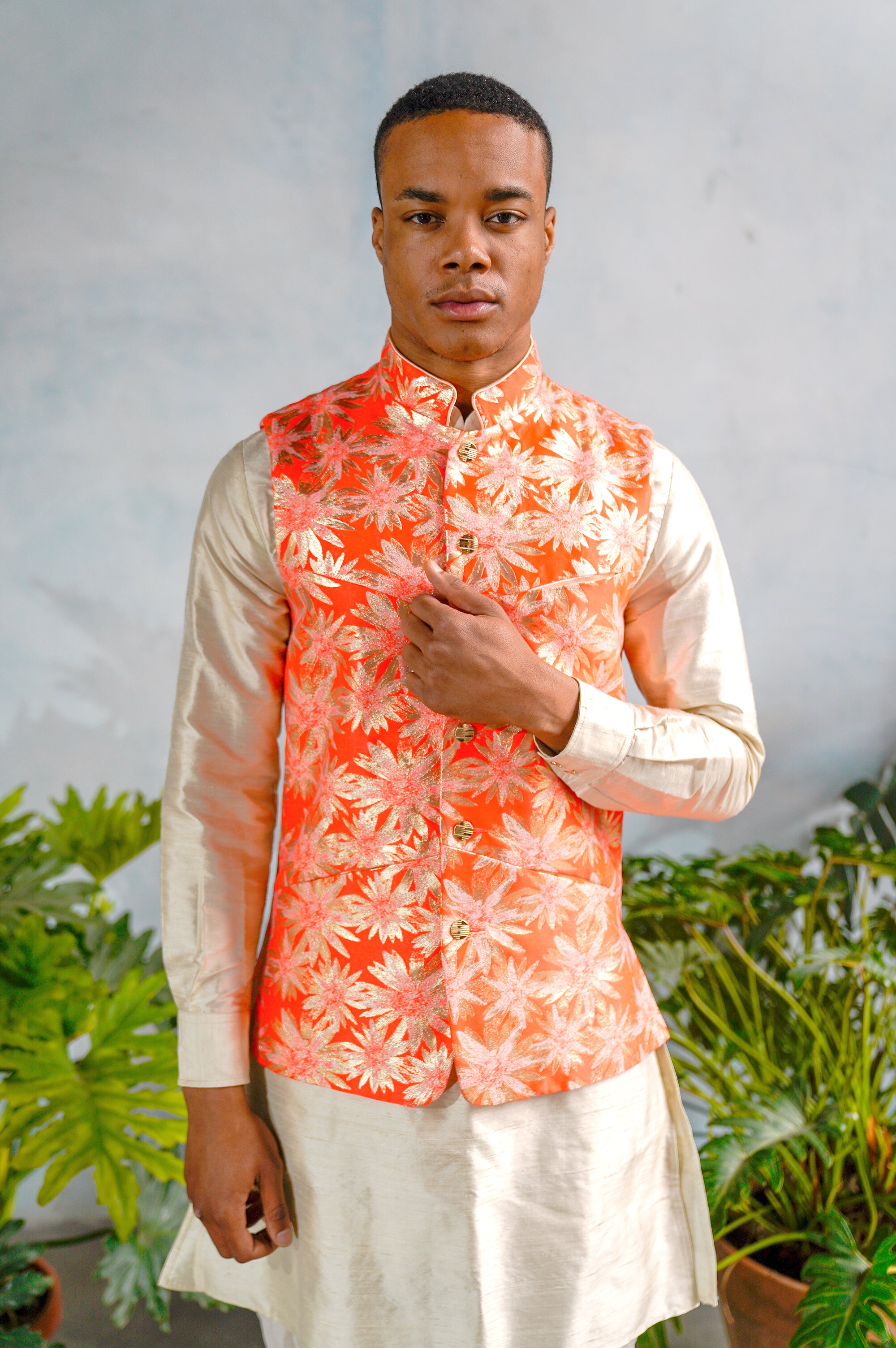 GAVAN Orange and Gold Jacquard Vest | HARLEEN KAUR – HarleenKaur
