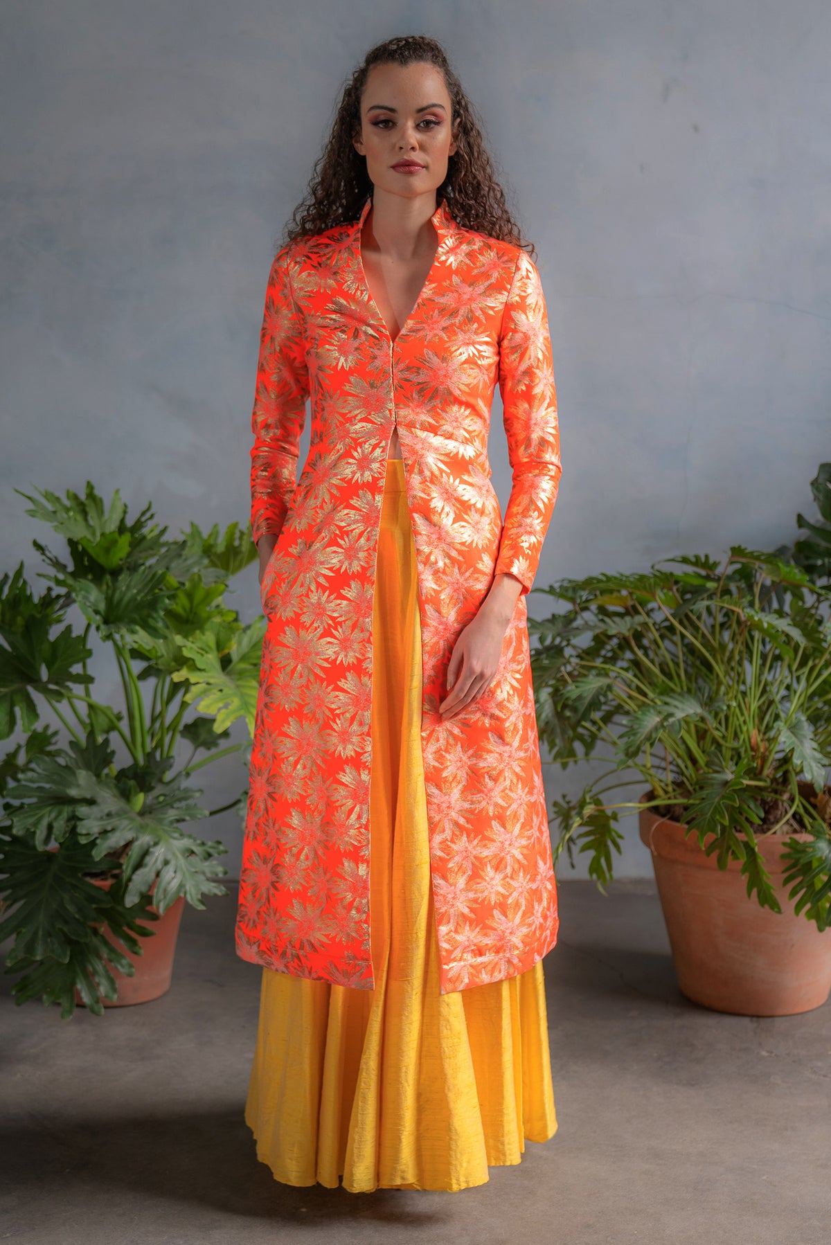 RANI Neon Orange Jacquard Jacket - Front View - Harleen Kaur
