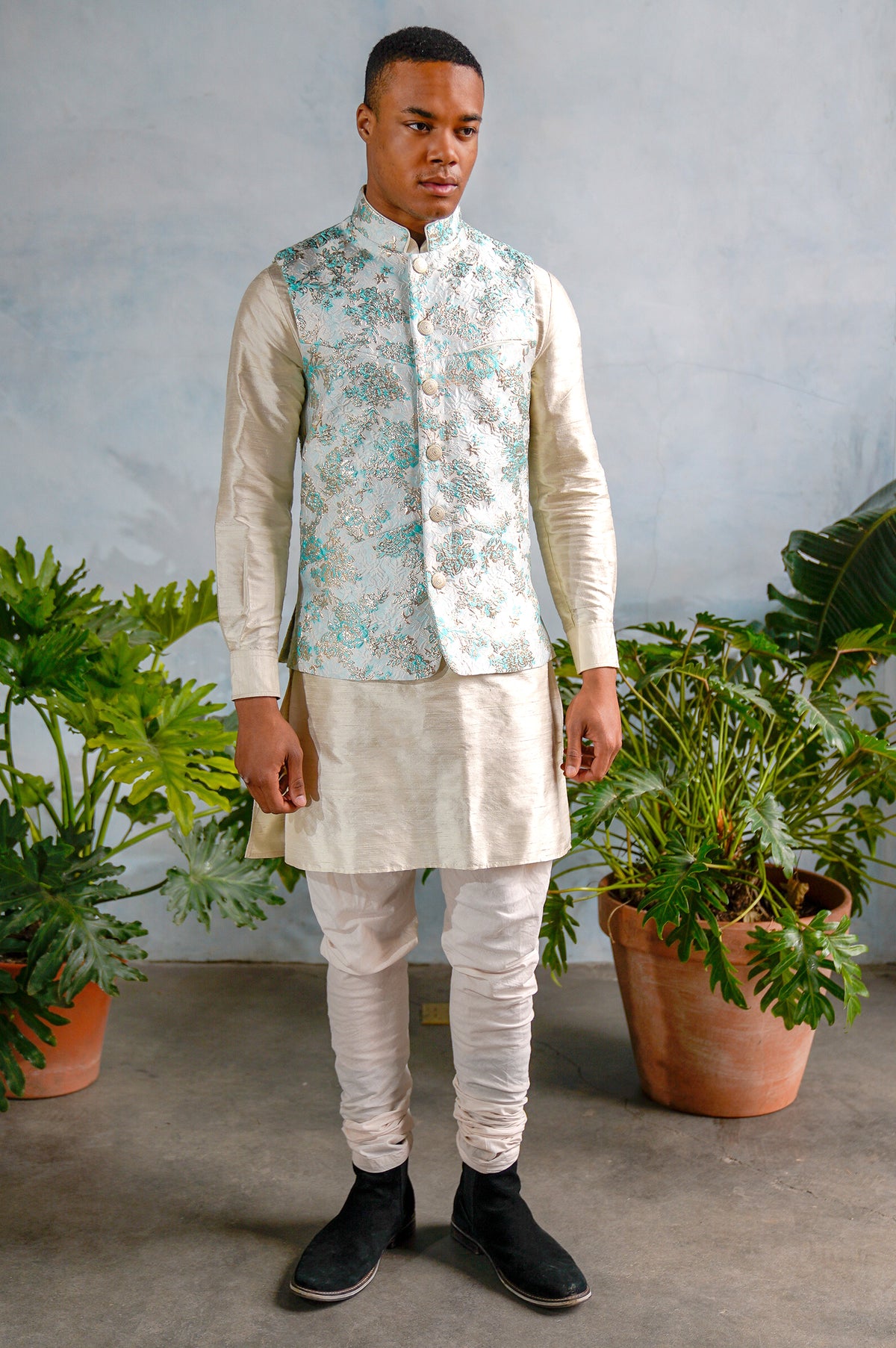 MUNIR Pastel Jacquard Bandi Vest - Front View - Harleen Kaur - Modern Indian Menswear