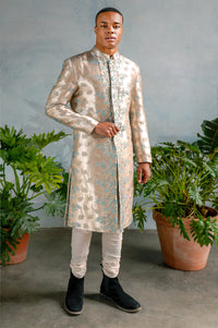 VEER Palm Floral Jacquard Sherwani Jacket - Front View - Harleen Kaur - South Asian Menswear