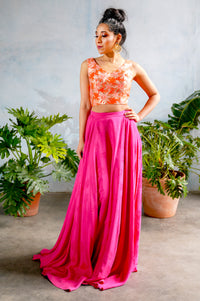 ANISHA Palm Cupro Skirt with Leaflet Design in Pink - Front View - Harleen Kaur