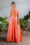 ANEELA Neon Orange Jacquard Skirt with Gold Flora Details - Front View - Harleen Kaur
