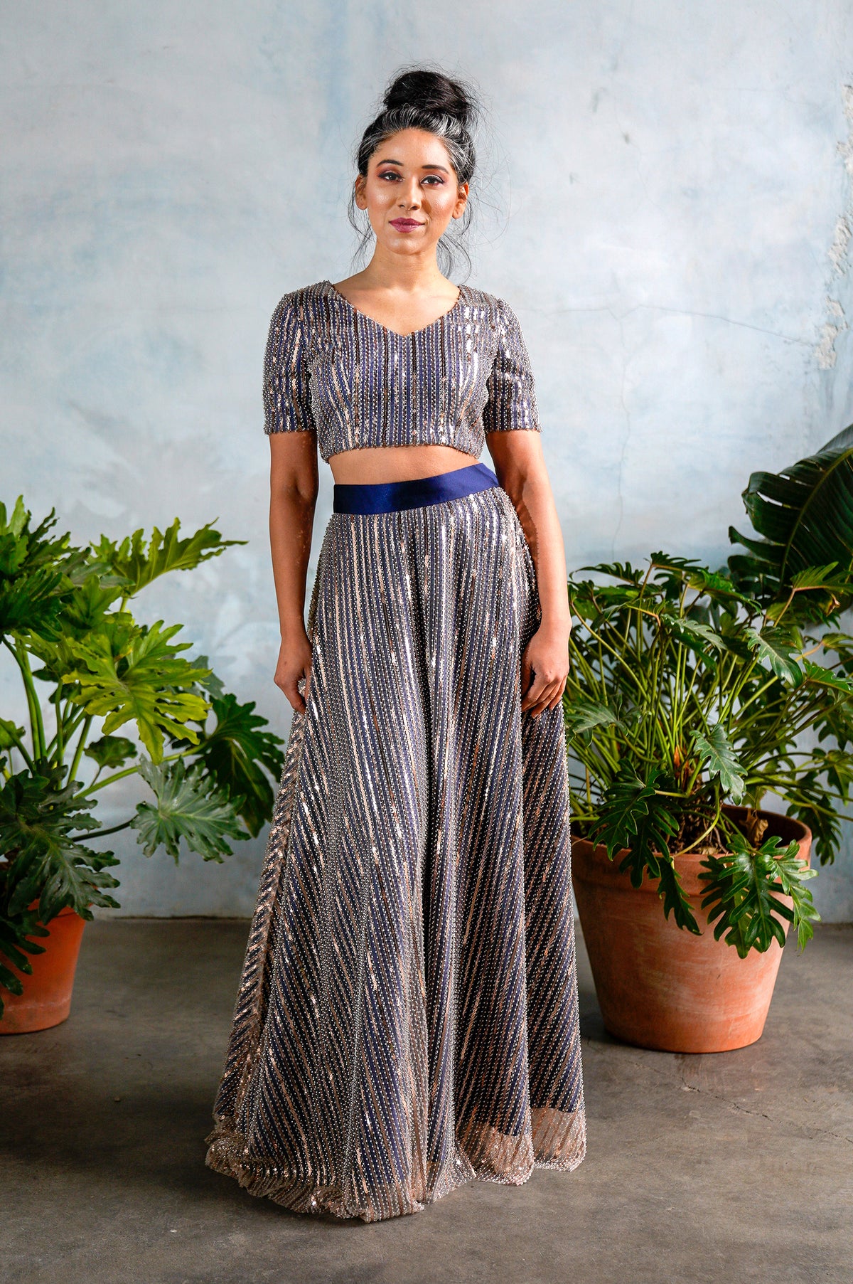 SANYA Striped Beaded Sequin Top - Front View - Harleen Kaur Womenswear - Sample Sale