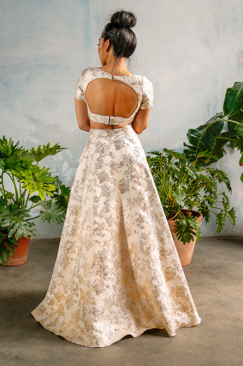 ANEELA Pastel Jacquard Skirt with Metallic Gold Floral Details - Back View - Harleen Kaur