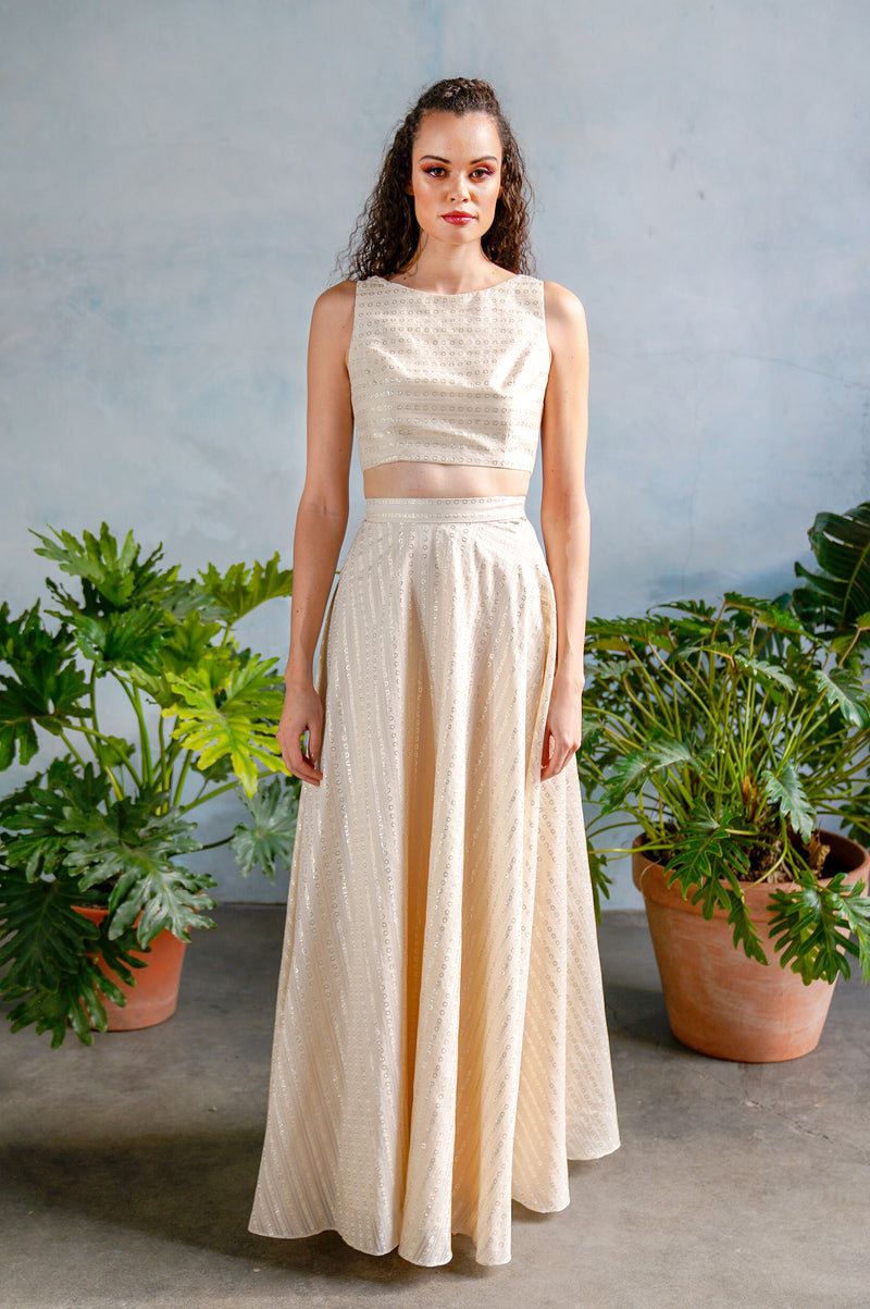 ANEELA Jacquard Skirt with Metallic Stripe Details - Front View - Harleen Kaur