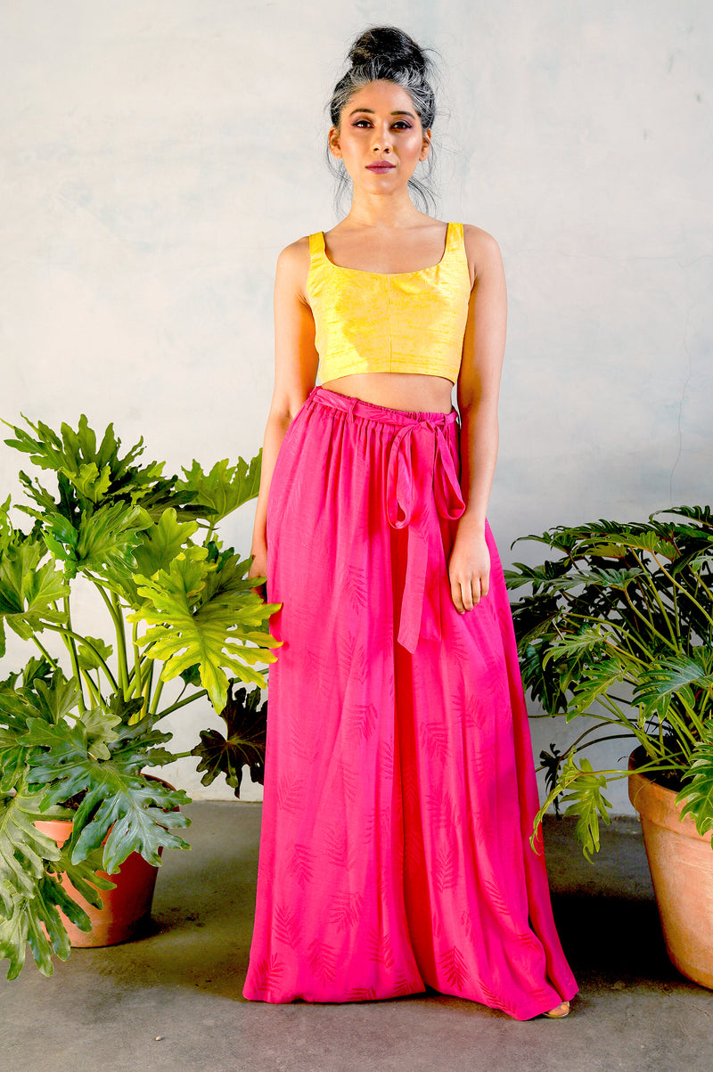 WIND Pink Palm Cupro Wide-Leg Pants - Front View - Harleen Kaur - South Asian Womenswear