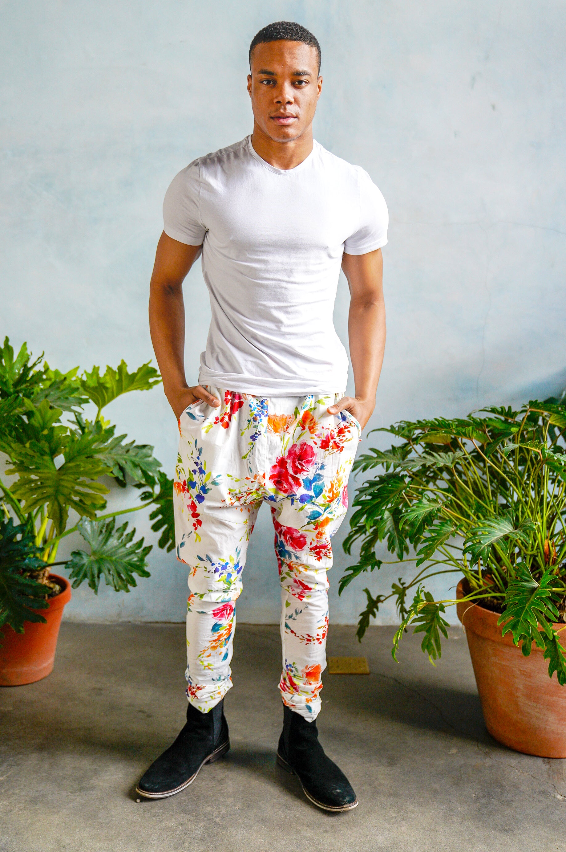 JEEVAN Tropical Floral Pant in White - Front View - Harleen Kaur - Ethically Made Menswear