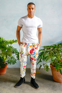 JEEVAN Tropical Floral Pant in White Floral - Front View - Harleen Kaur Menswear - Sample Sale