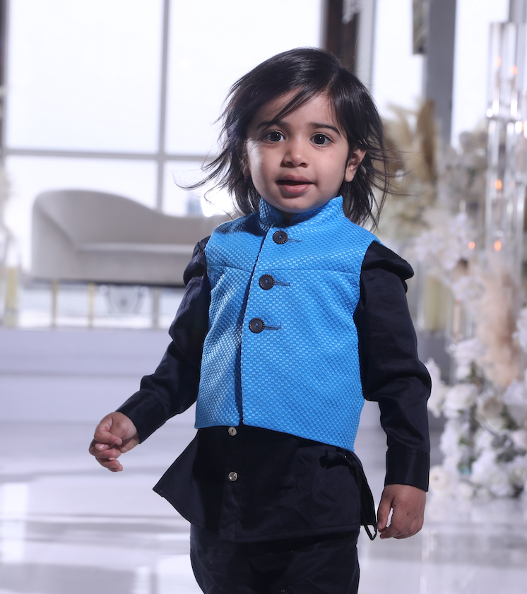 Kids Blue Button-up Bandi Vest styled with a black cotton kurta pajama - Front View - Harleen Kaur