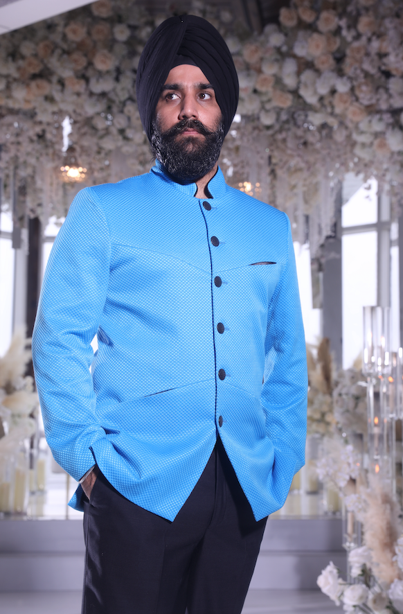 Cotton Blue Jodhpuri Jacket styled with black trousers and black pagh - Front View - Harleen Kaur