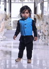 Long Sleeve Black Button-up Kids Cotton Kurta styled with a Blue Bandi Vest and Cotton Pajama Pants - Front View - Harleen Kaur