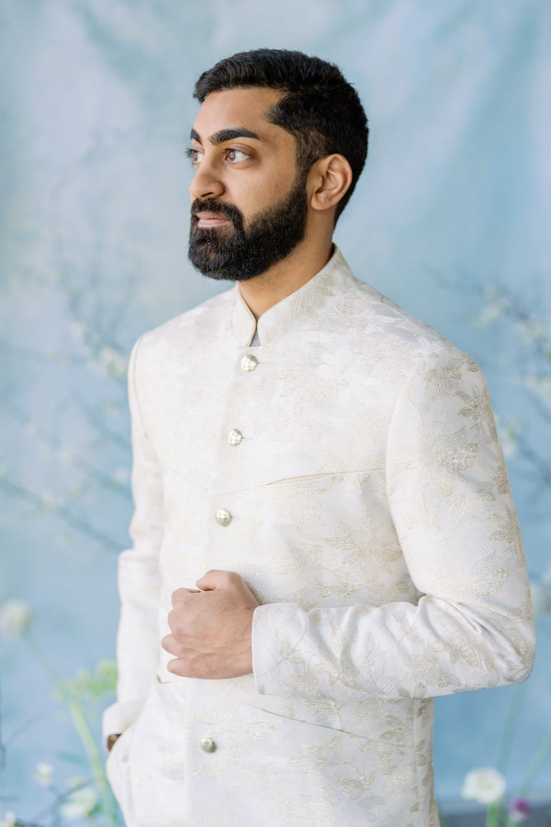 SANDESH Ivory and Gold Jodhpuri Jacket