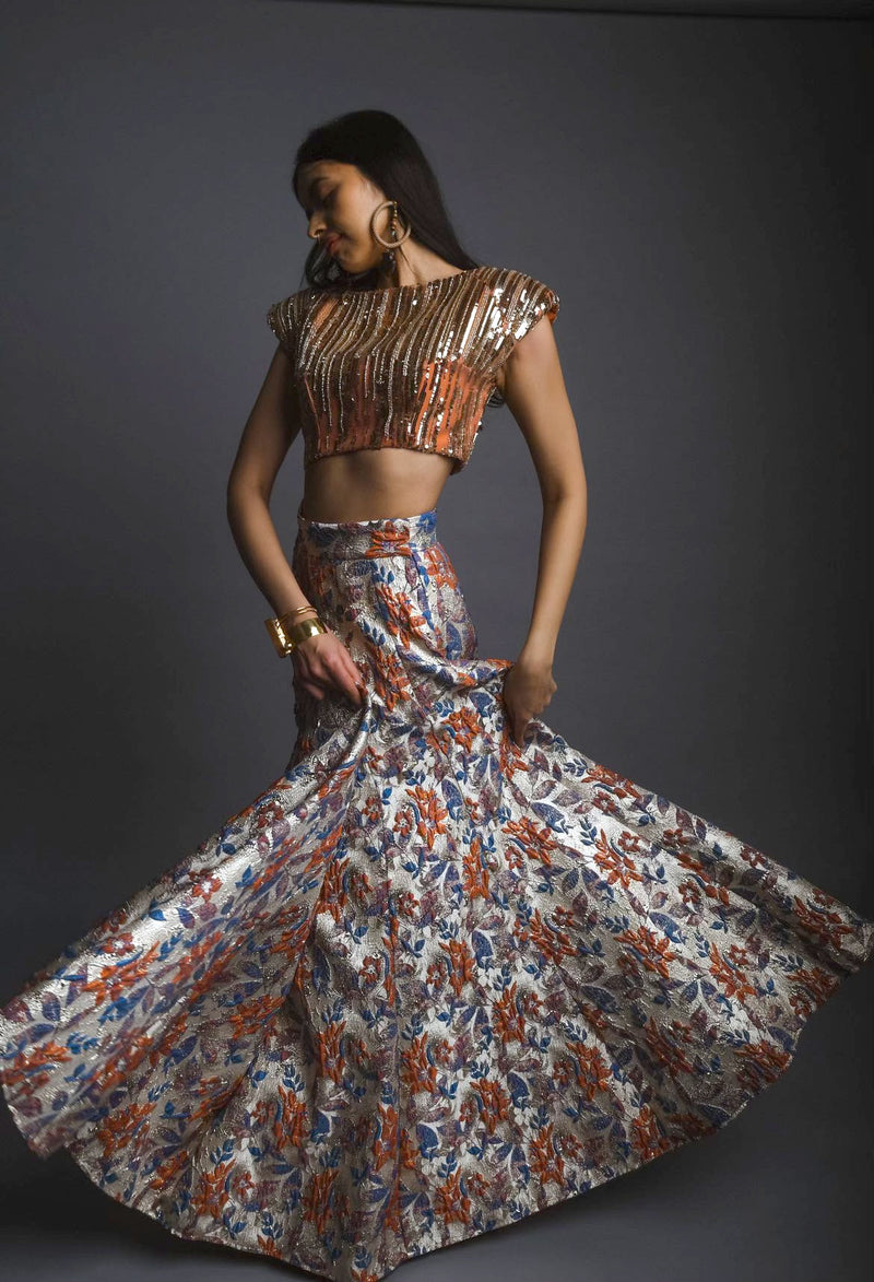 TERRA Blue and Orange Lehenga Skirt