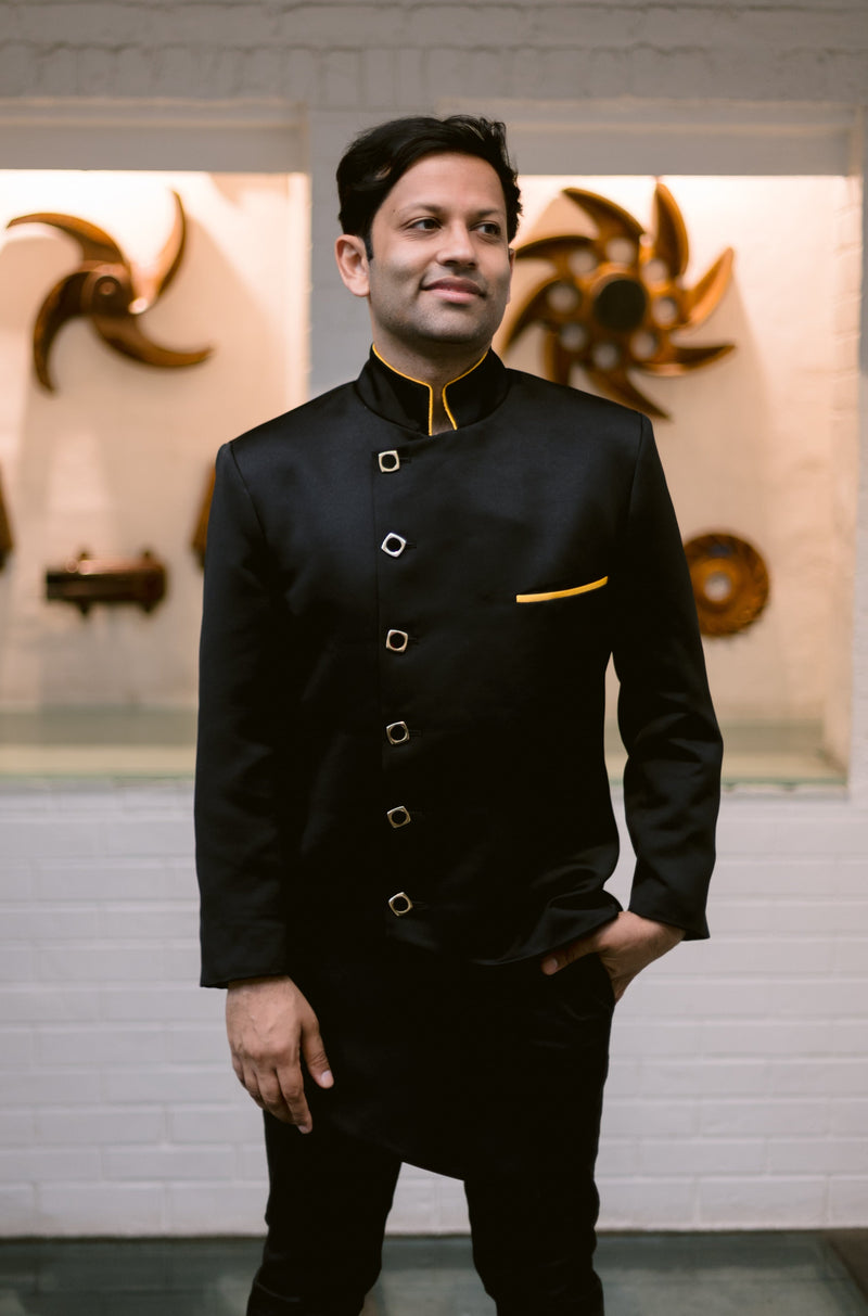 Black jodhpuri jacket for groom with yellow piping