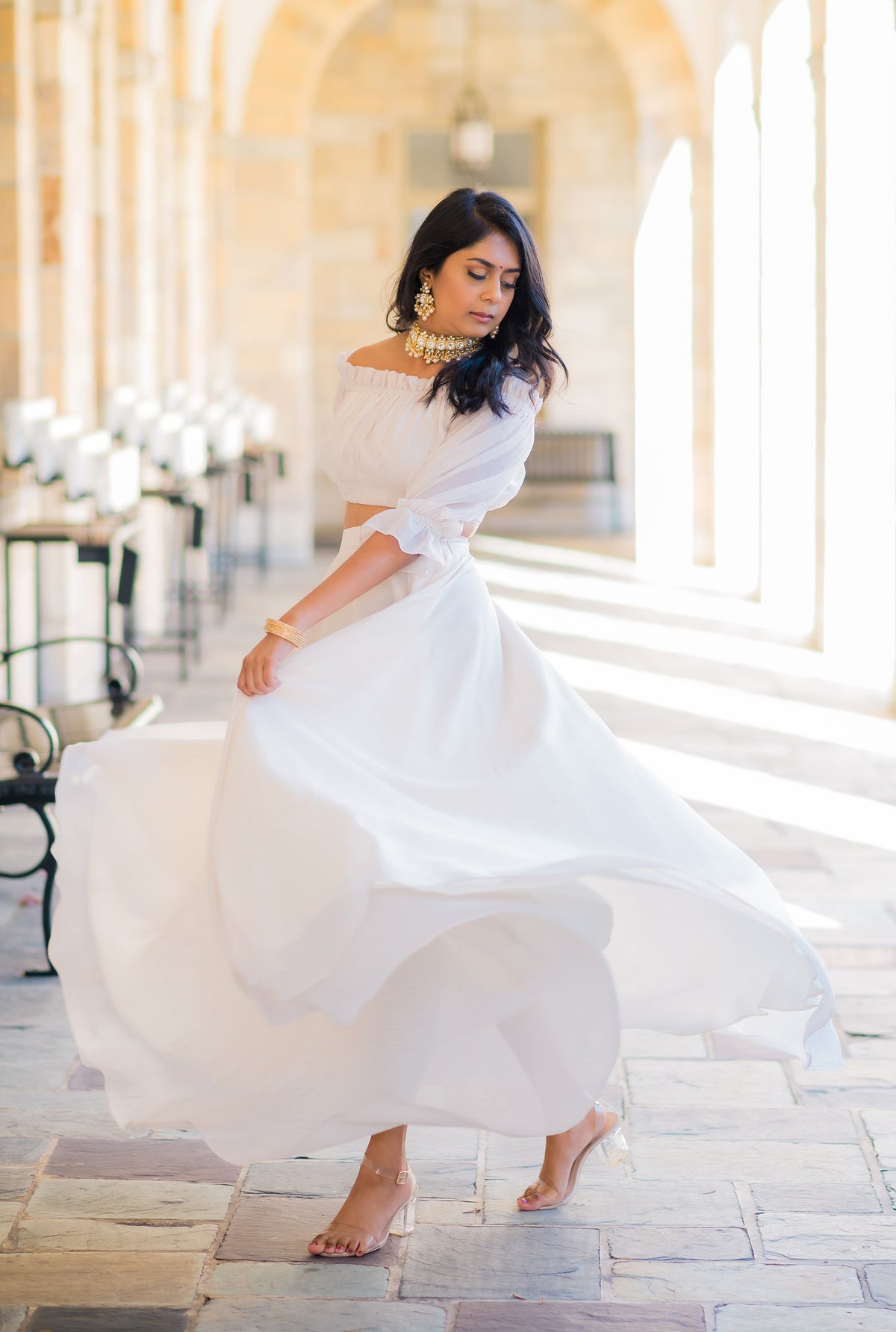 Vanilla Metallic White and Gold High Waisted Lehenga Skirt - Harleen Kaur