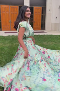 Briyana twirling in the Karishma Floral Print Skirt in Sage Green with the matching Danya Top - Harleen Kaur Ethically Made in New York City