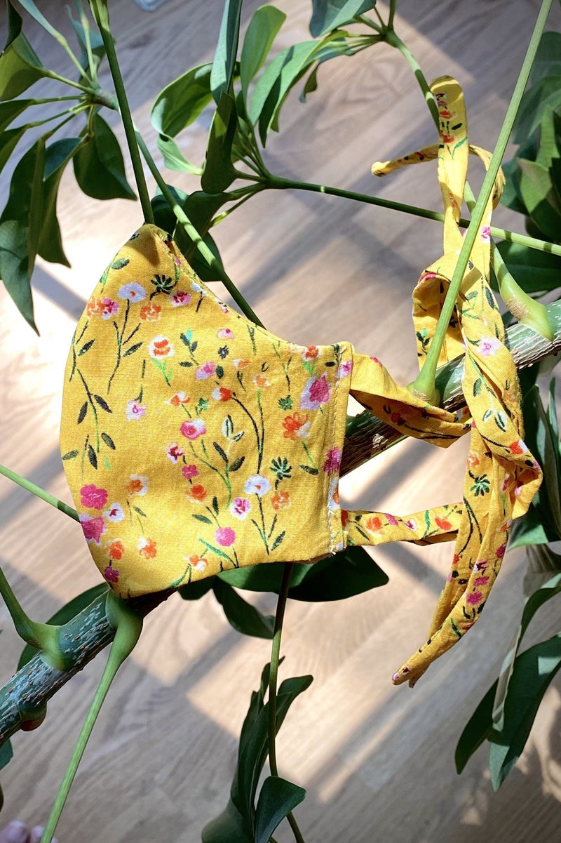 Yellow Floral Cotton Kids Mask - Side View - Harleen Kaur Kidswear