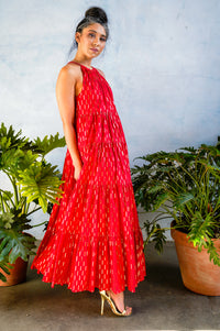 GEMMA Red Cotton Dress with Gold Foiled Rectangle Details - Side View - Harleen Kaur