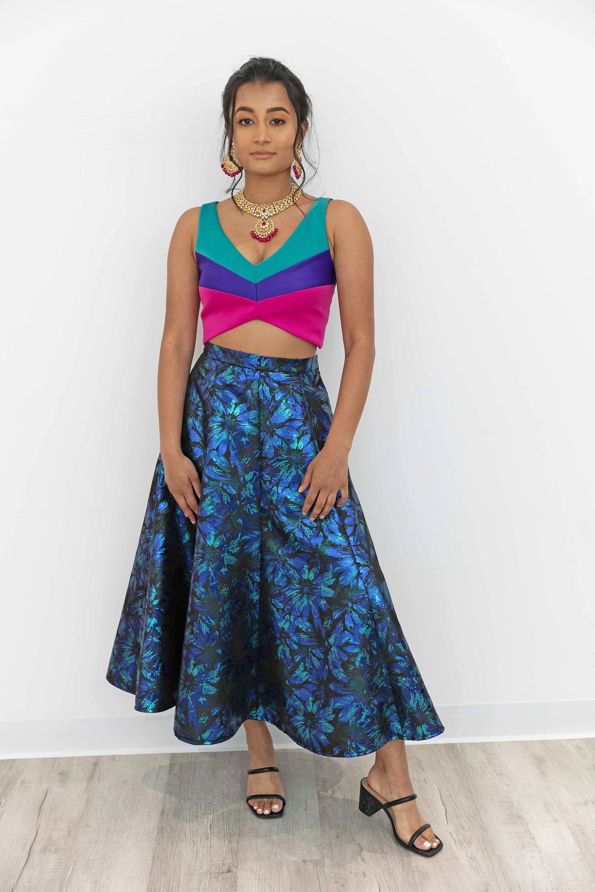 TYRA Metallic Floral Lehenga Skirt