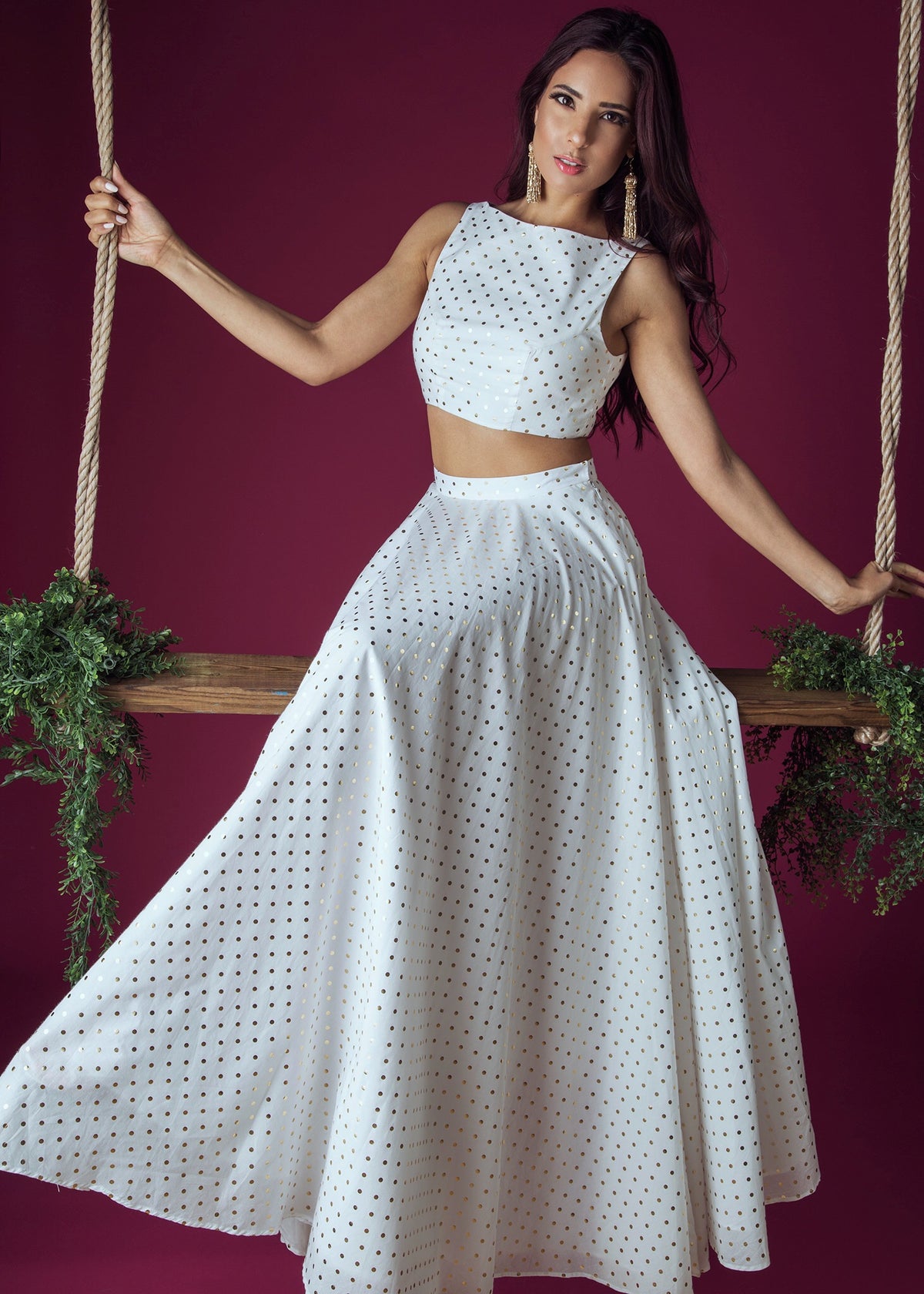 Harleen Kaur ANYA White Cotton Crop Top with Gold Polkadots