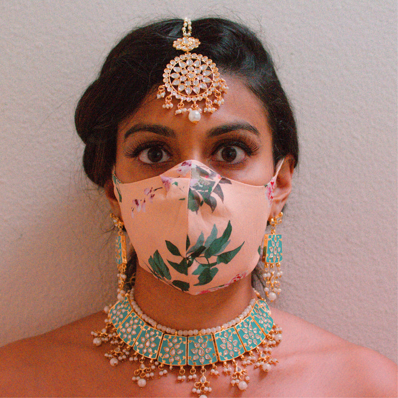 Peach Floral Unisex Face Mask - Front View - Harleen Kaur - Indian Womenswear