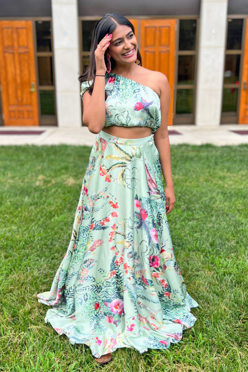 Briyana in the Karishma Floral Print Skirt in Sage Green with the matching Danya Top - Front View - Harleen Kaur Ethically Made in New York City