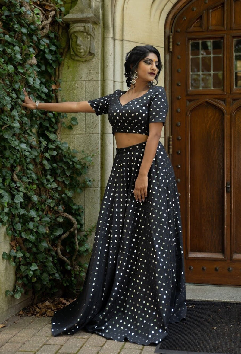 ANISHA Silver Polka Hearts Lehenga Skirt in Black - Front View | HARLEEN KAUR