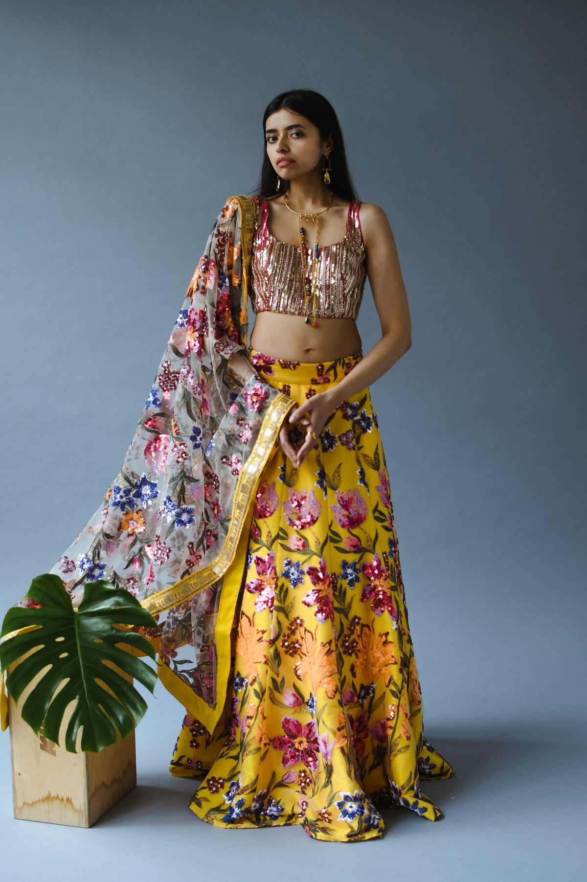 MUKTI Pink and Gold Sequin Lehenga Top