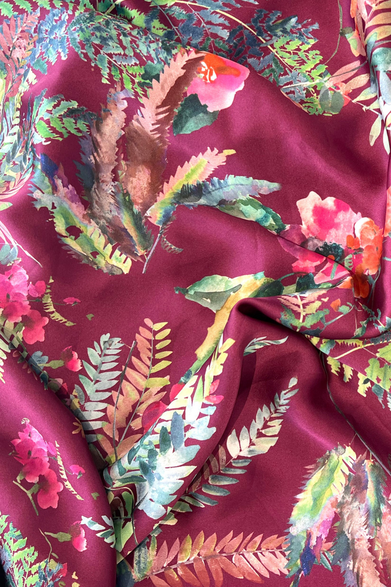 Caribbean Floral Print in Wine - Fabric Close Up - Harleen Kaur