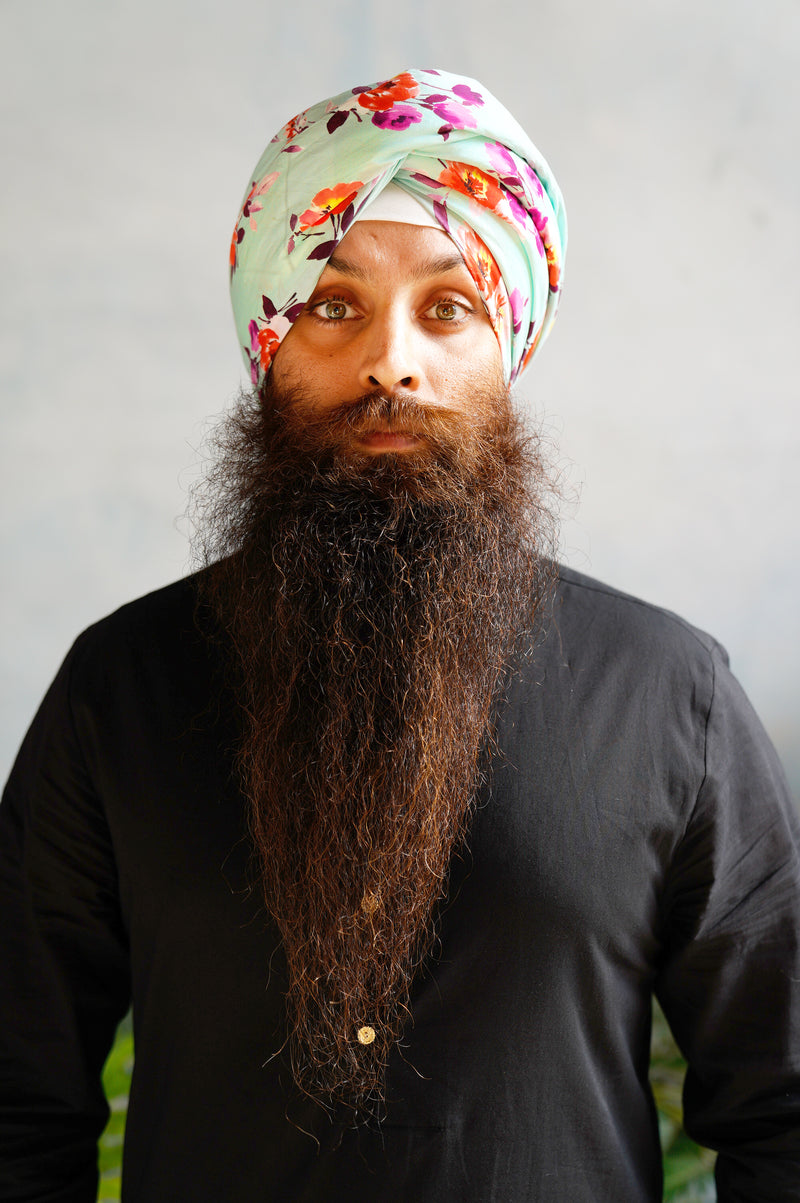 MAHA Cotton Turban in Mint Floral Print - Front View - Harleen Kaur