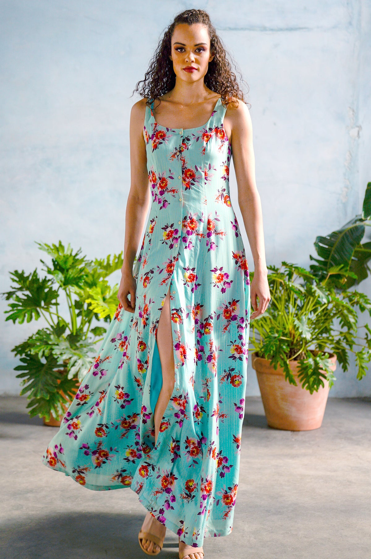 ANEESA Floral Cotton Maxi Dress with Button-Up Slit Details - Front View - Harleen Kaur