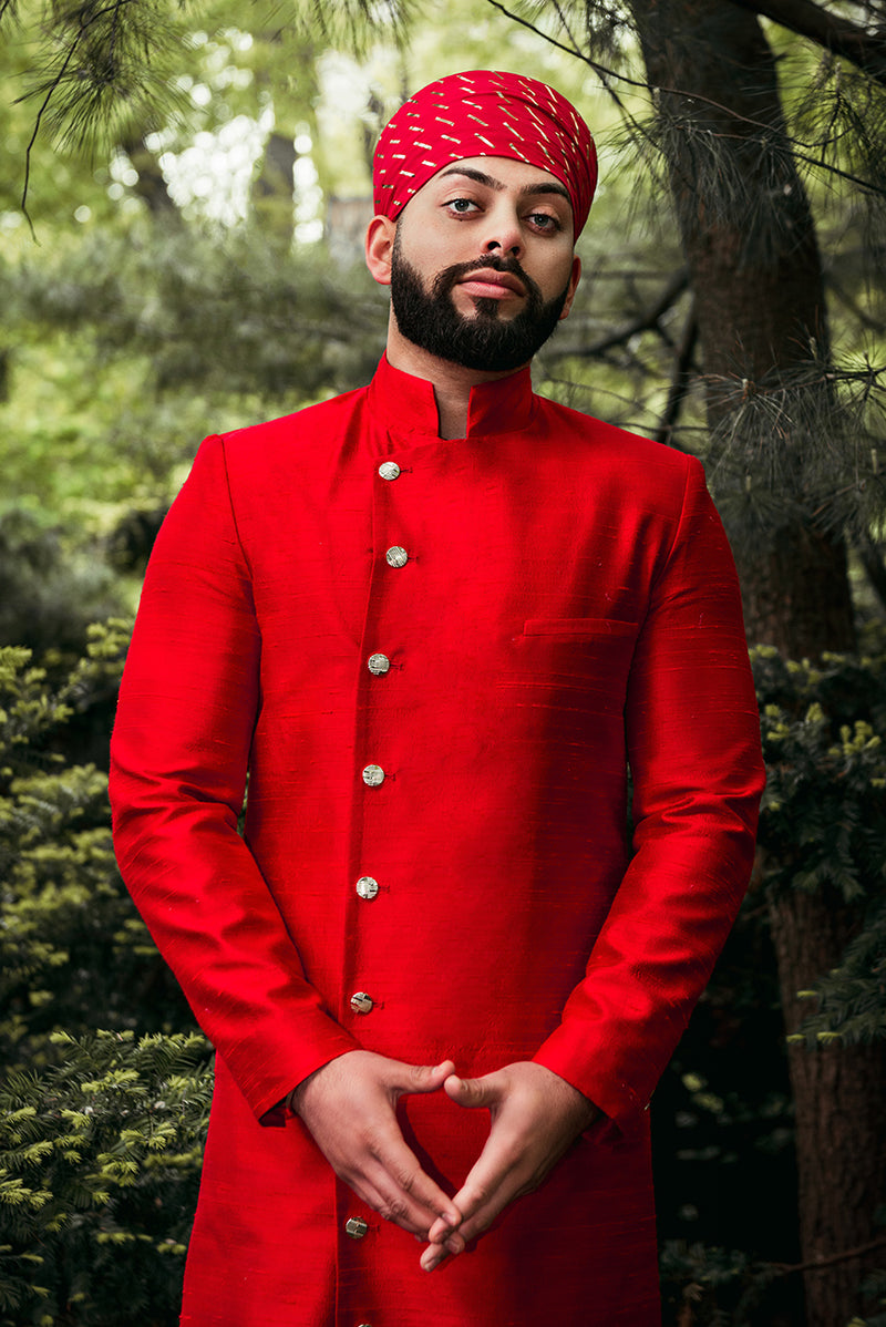 Red and Gold Indian Groom Turban - Harleen Kaur NYC