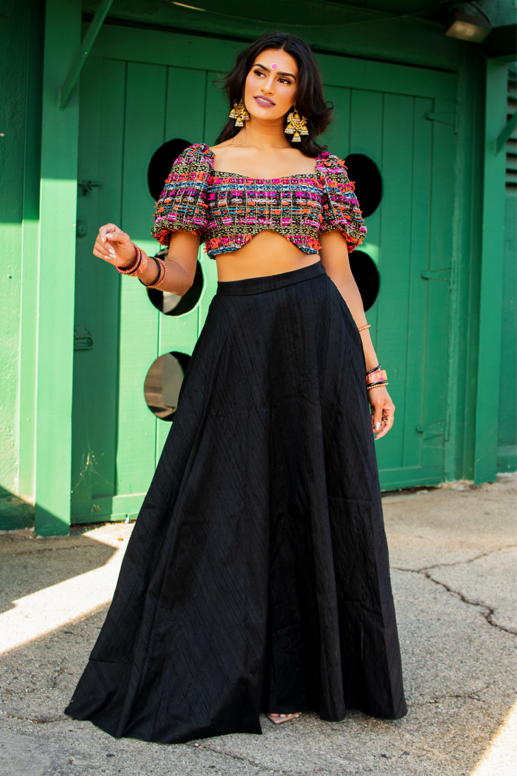 Saleena in the high waisted silk Divya Lehenga Skirt in black styled with the black and pink tweed Bianca Top - Front View - Harleen Kaur - Photography by Manni Singh (@flyingbeardphotography)