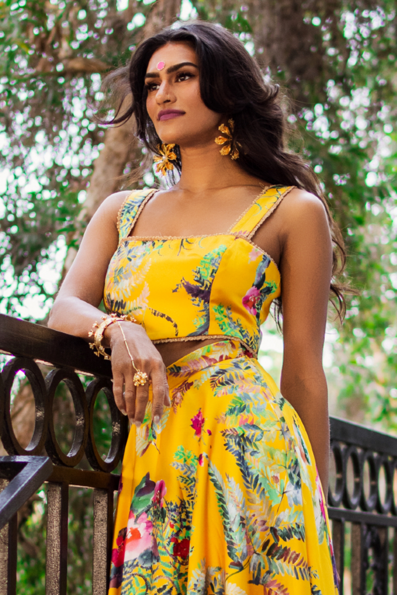 Saleena Khamamkar in the Sunflower Floral Geena Top and matching Karishma Skirt- Front View - Harleen Kaur Ethically Made in NYC - Photo by Manni Singh (@flyingbeardphotography)