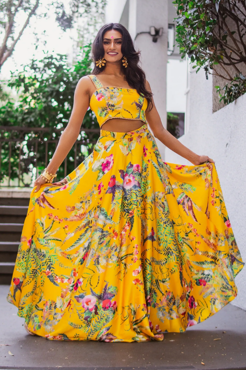 Saleena Khamamkar in the Sunflower Floral Karishma Skirt and matching Geena Top - Front View - Harleen Kaur Ethically Made in NYC - Photo by Manni Singh (@flyingbeardphotography)