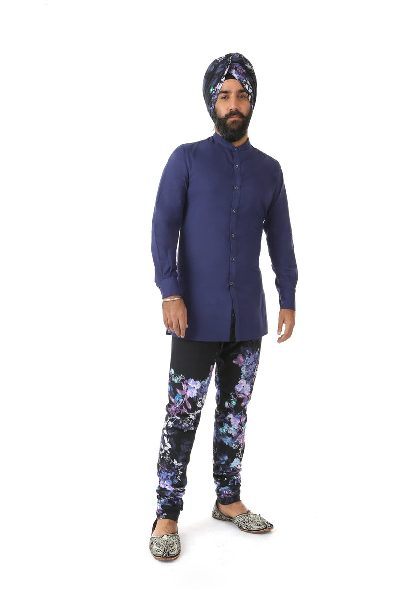 Harleen Kaur Justin Slim Long Sleeve Cotton Kurta - Navy Front