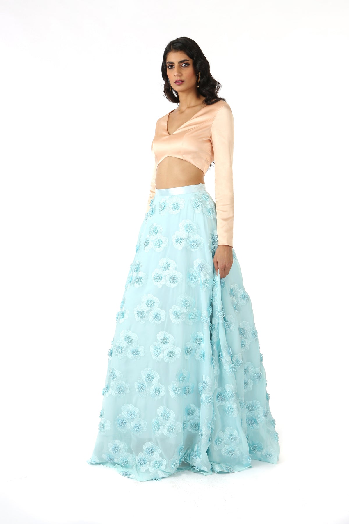 ANEELA Aqua Satin Can-Can Lehenga Skirt with 3D Flowers - Front View | HARLEEN KAUR