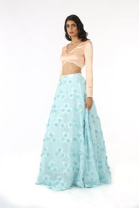 NIDA Peach Stretch Satin Long Sleeve Crop Top with Geometric Open Back - Side View | HARLEEN KAUR