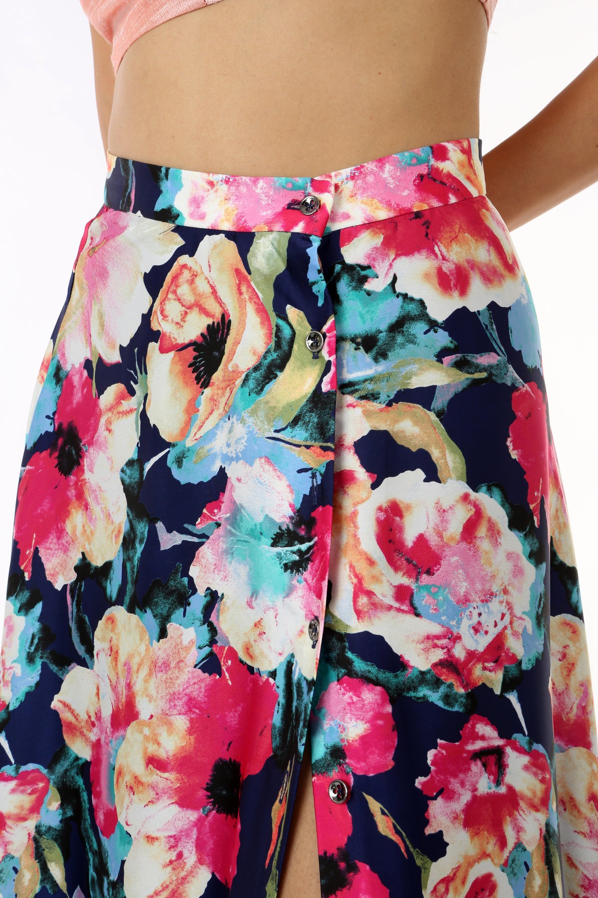 HAILEY Slit Satin Lehenga Skirt in Navy Multi Floral Print - Slit Detail View | HARLEEN KAUR