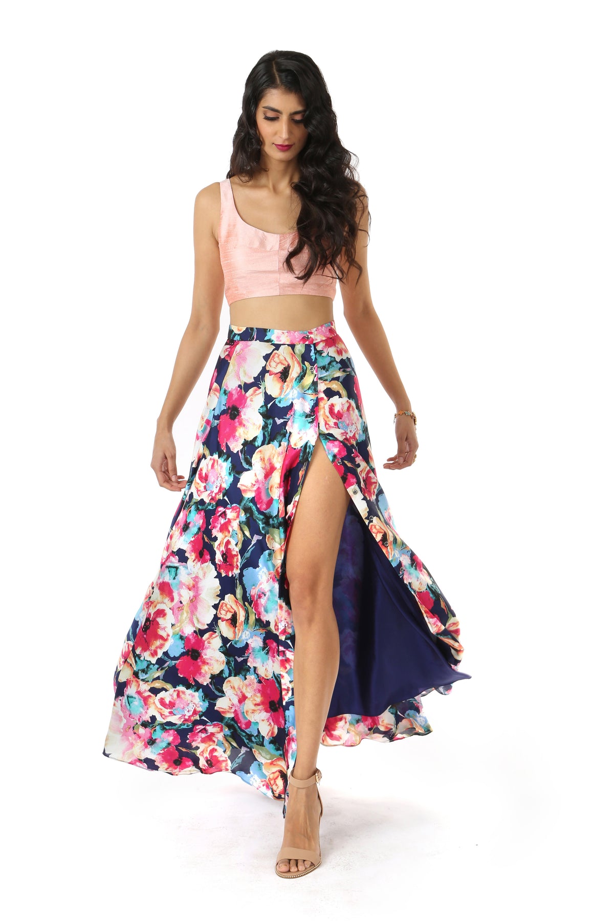 HAILEY Navy Floral Satin Slit Maxi Skirt with Peach Maria Top with Lace-up Back | HARLEEN KAUR