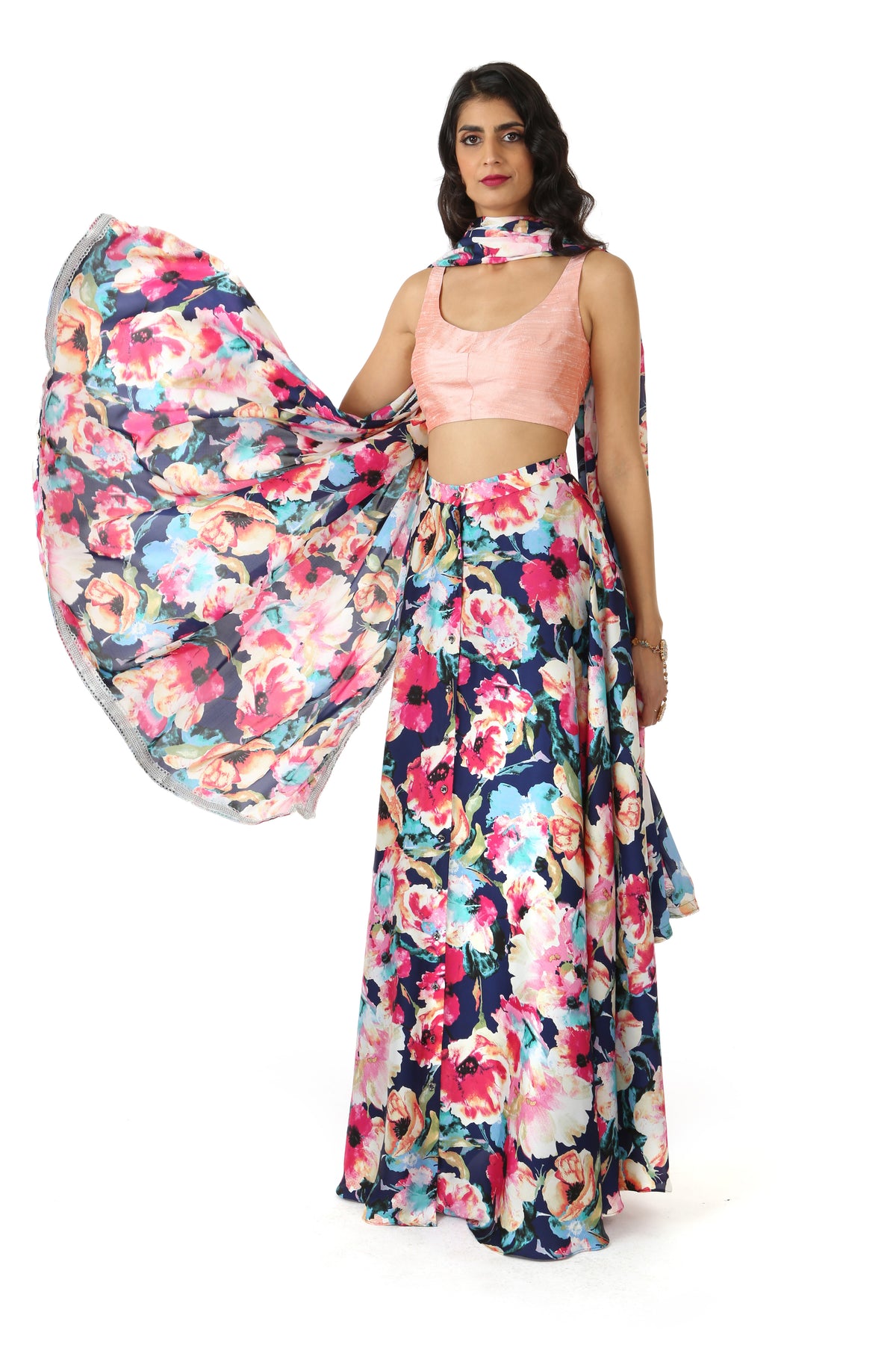 Harleen Kaur GINA Floral Dupatta in Navy Multi with Satin Floral Lehenga Skirt with Slit