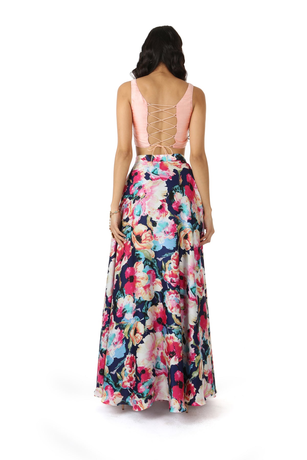 Harleen Kaur Maria Peach Silk Lace Up Back Crop Top - Back View