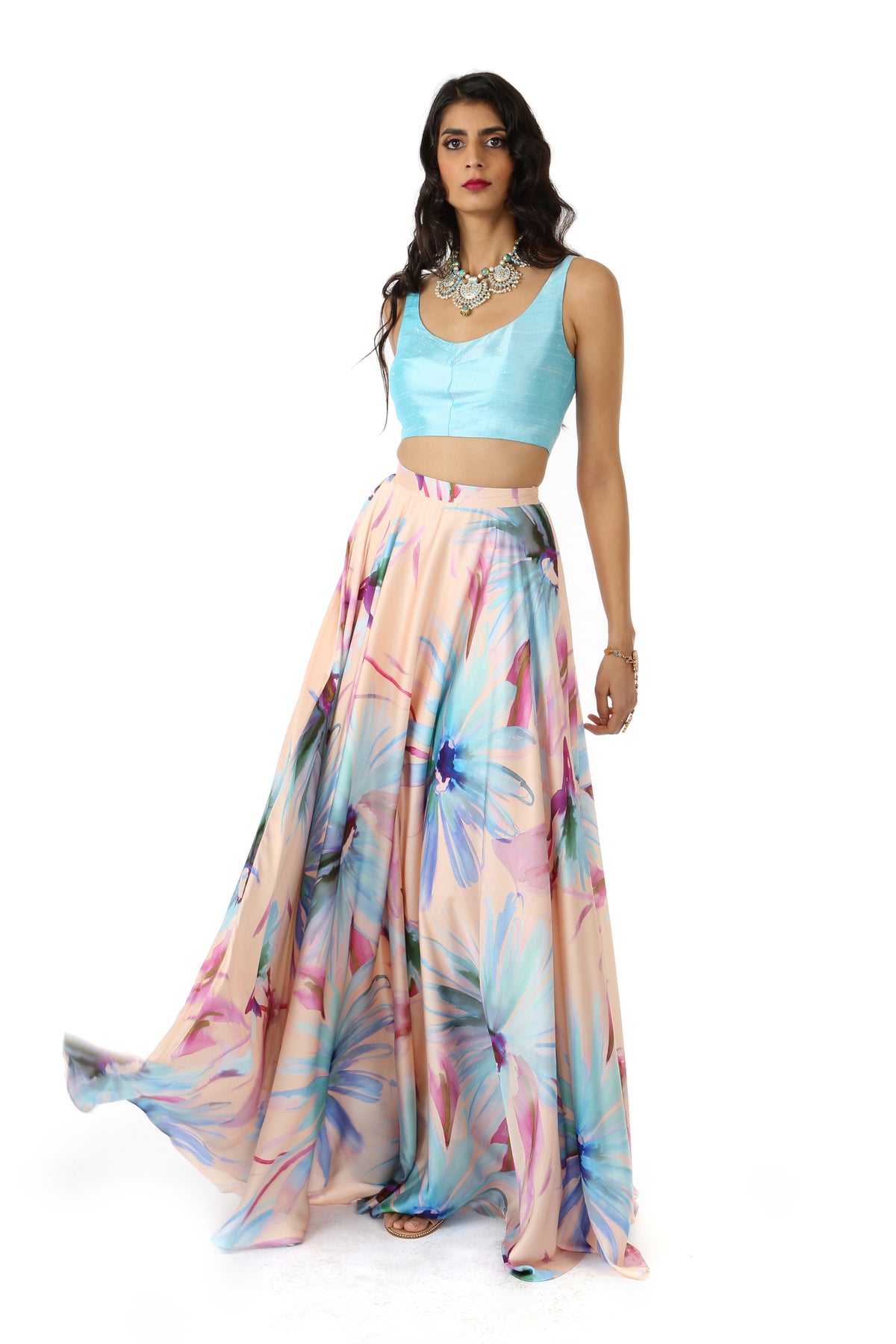 ANISHA Floral Satin Maxi Skirt with Aqua Watercolor Flowers Printed Throughout Skirt - Front View | HARLEEN KAUR