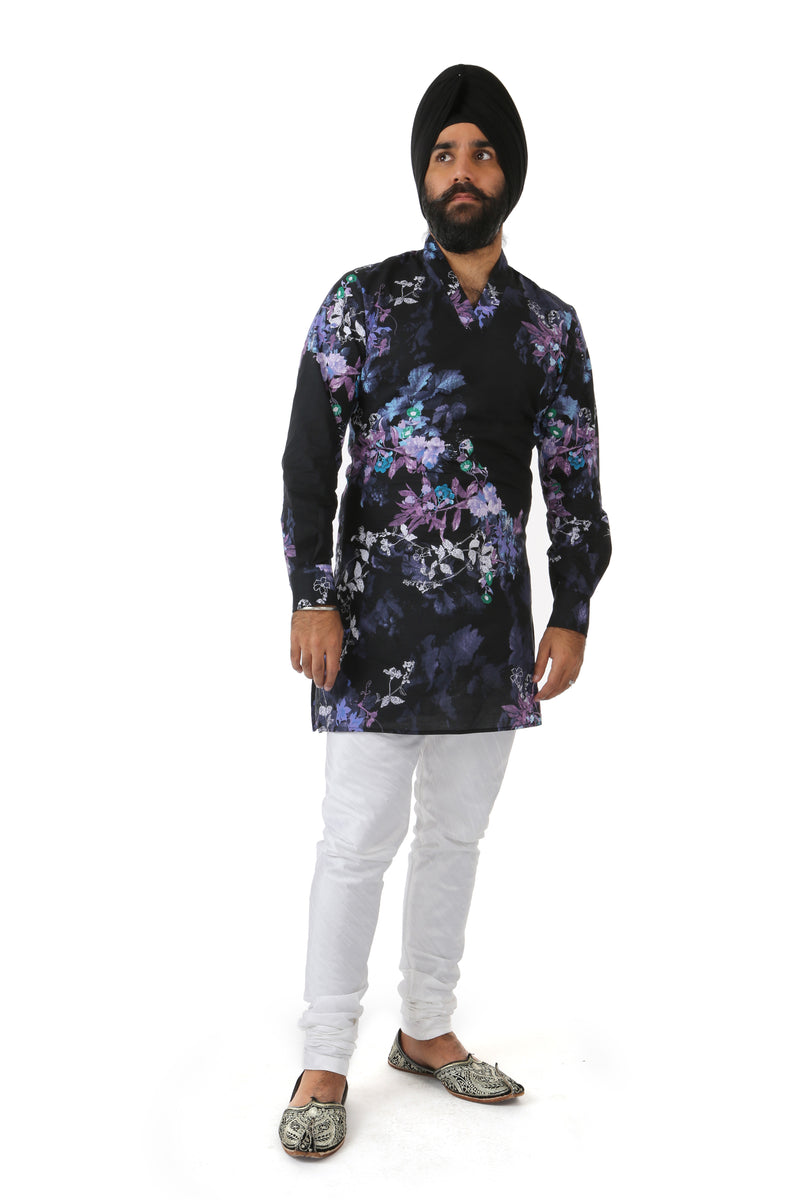 CARTER Dark Cotton Floral Print V-Neck Kurta with Long Sleeves - Front View | HARLEEN KAUR