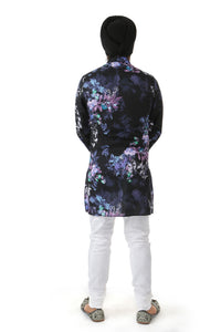 Harleen Kaur Mens CARTER Cotton V-Neck Kurta with Long Sleeves in Black Floral Multi Print - Back View